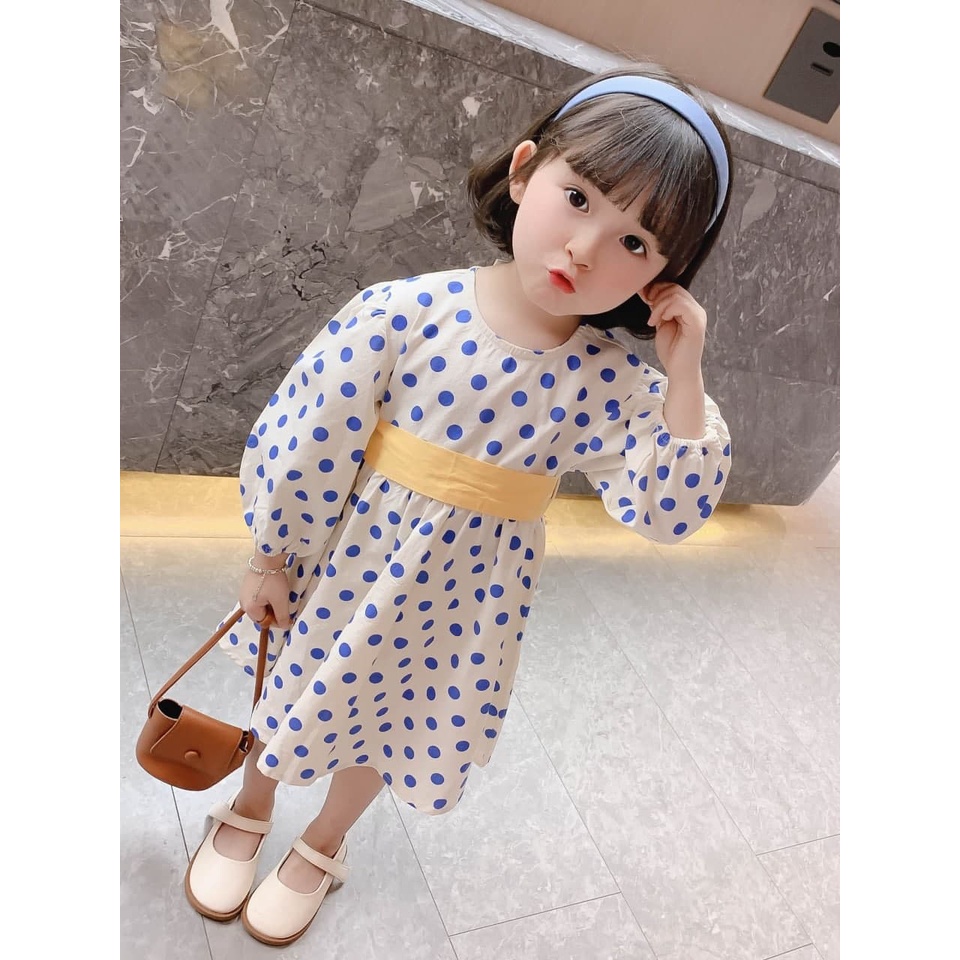 Meonky Official Shop Big Ramadhan Sale Baju Anak Perempuan Lengan Panjang Dress Pita Motif Polkadotte Made In Import ,100% Bahan Katun Yang Kualitas Premium Cocok Untuk Anak Usia 3 tahun Sampai 4 Tahun (G - 5)-BIRU MUSTARD