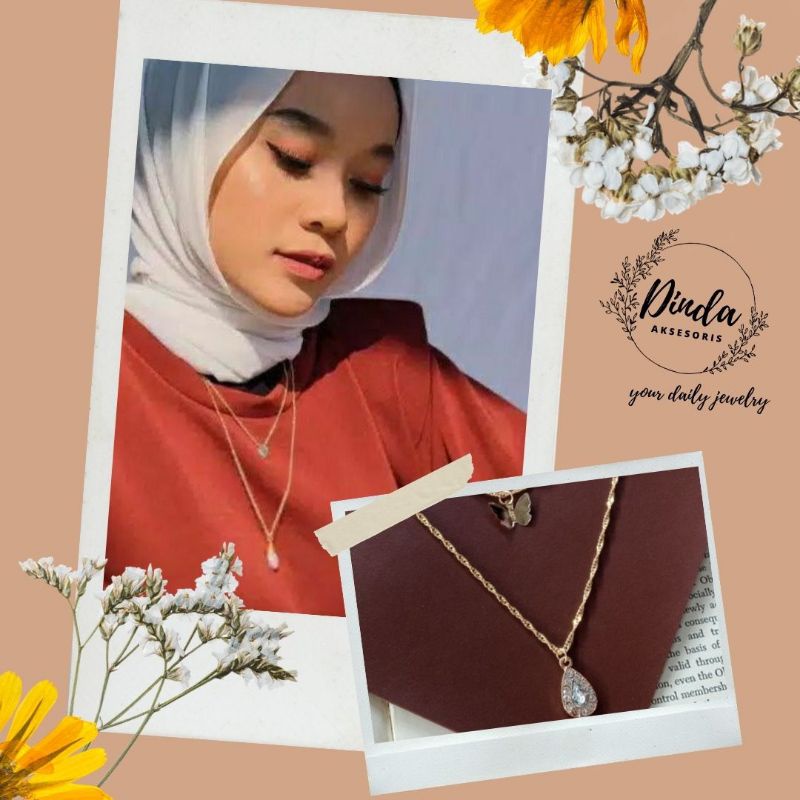Kalung Hijab 2 layer ootd kalung jilbab kalung rantai lapis korean style emas perak tetes permata zi