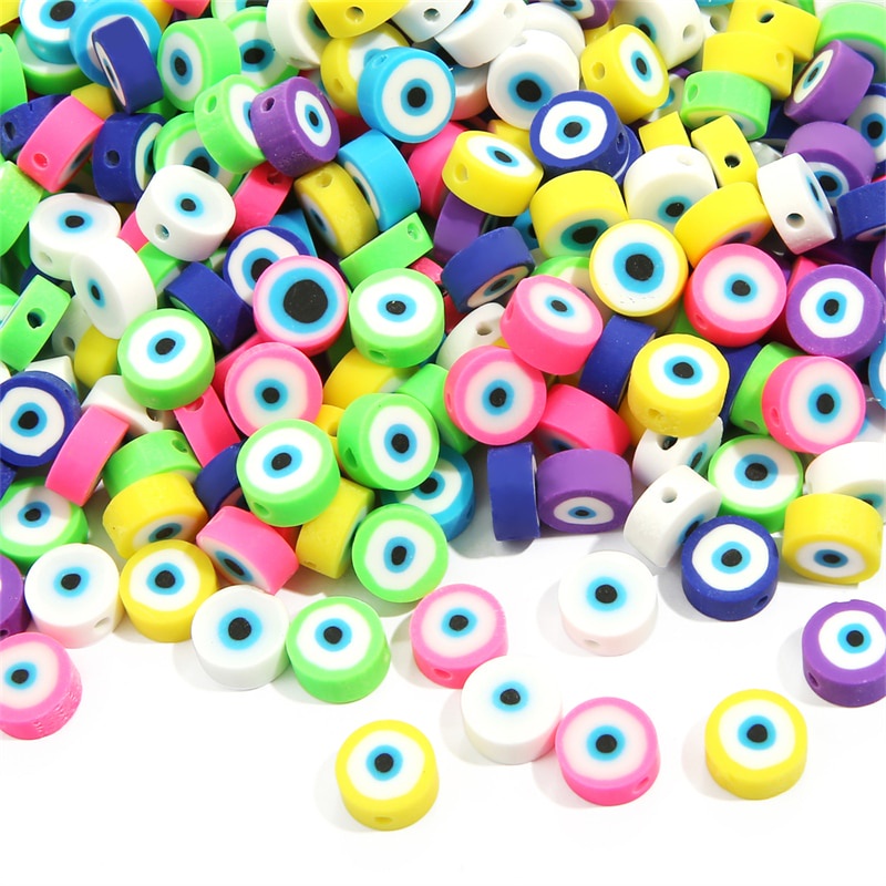 30Pcs/lot 10mm Evil Eye Flat Round Clay Polymer Beads Loose Beads For Making DIY Kids Jewelry Bracelet Necklace Accessories