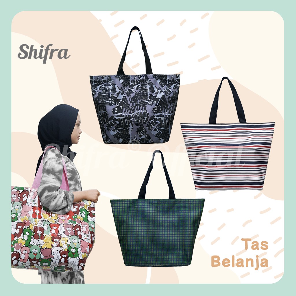 TAS BELANJA TOTE BAG SHOPPING BAG BIG SIZE COLORFUL PATTERN BEAR SHIFRA