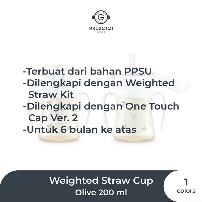 Grosmimi PPSU Olive Weighted Straw Cup 200ml / 300ml - Botol Minum Anak Dengan Pegangan Baby Bottle with Handle Pemberat