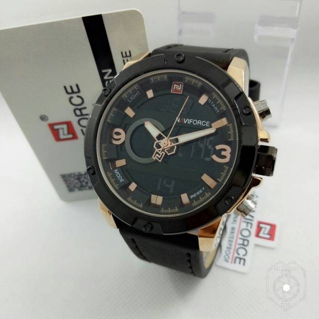Jam Tangan Keren Elegant Pria Naviforce NV 9097 Leather Black Rosegold Original