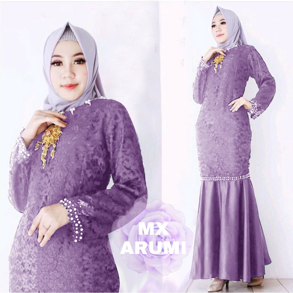 MAXI ARUMI  / MAXI DRESS BRUKAT APLIKASI MUTIARA / PAKAIAN PESTA WANITA / DRESS LEBARAN BRUKAT MUTIARA