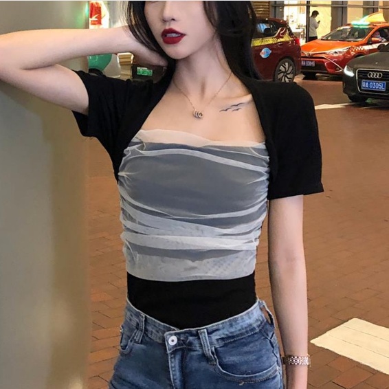 Hong Kong rasa leher persegi mesh jahitan top body repair bottoming kemeja T-shirt wanita