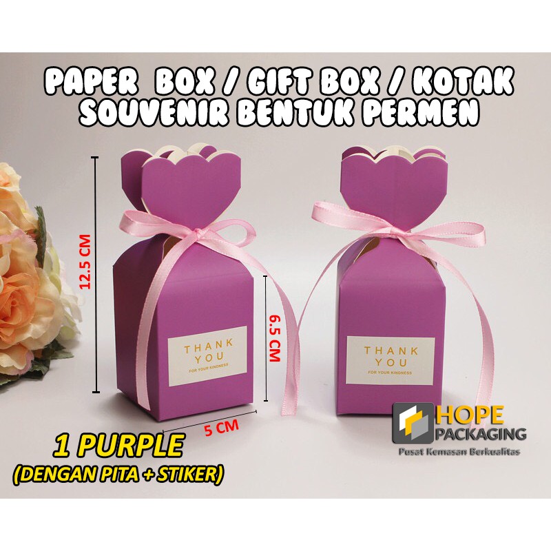 [ 5 pcs ] Paper Box Spesial Gift Box Kotak Souvenir wedding / ultah/ hadiah Bentuk Permen GRATIS Pita plus Stiker
