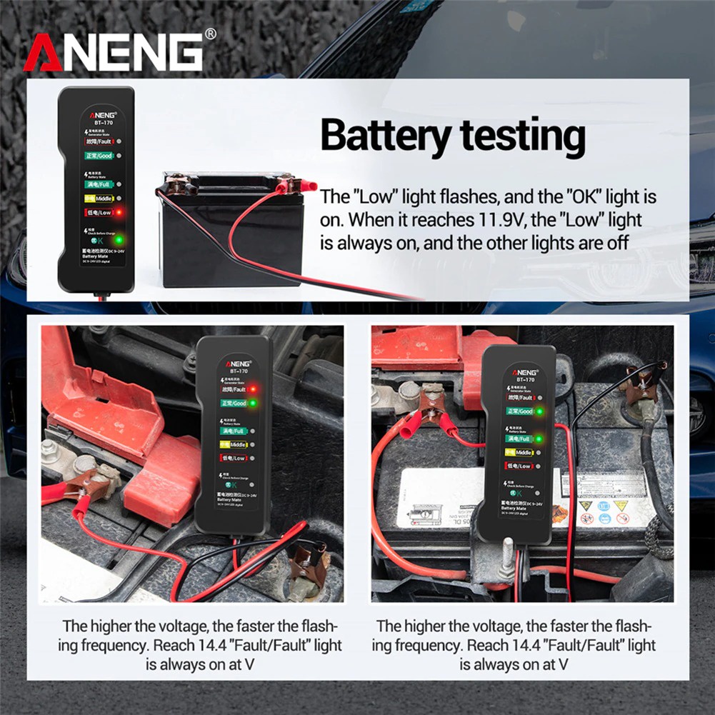 ANENG Tester Accu Car Battery Detector 12 V Analyzer Fault Diagnostic - BT-170 - Black