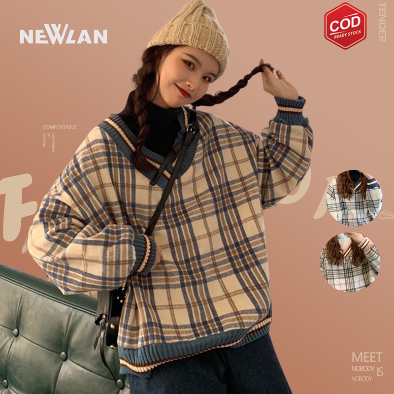 Jual Newlan Zz Sweater Wanita Korea Plaid Sweater Wanita Longgar Gaya Korea Fashion Gaya