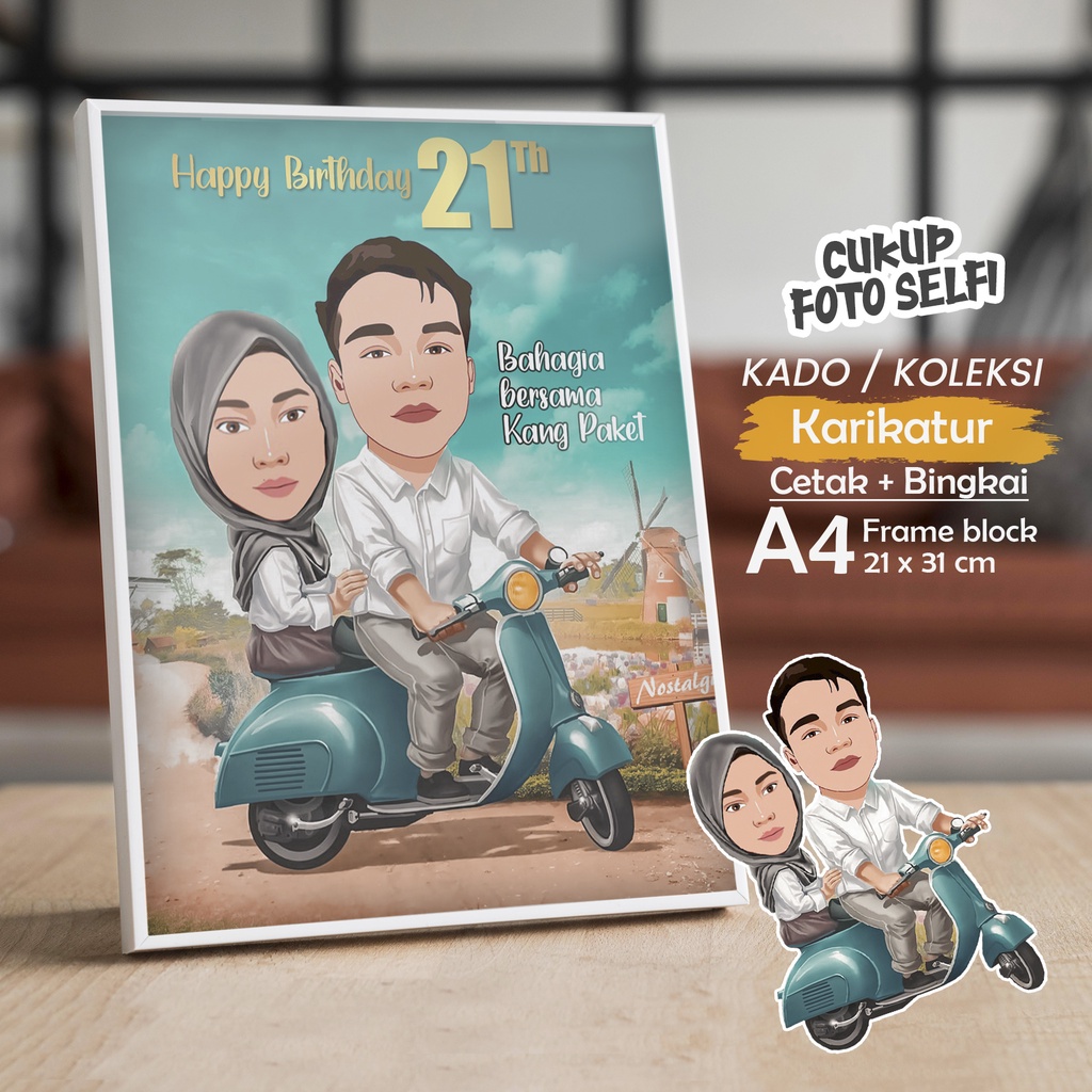 Jual Karikatur Custom Wajah Foto Wisuda Wedding Vektor Wajah Cetak Foto Bingkai Lucu Unik Vespa