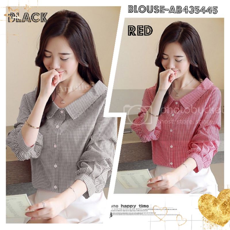 AB435445 Baju Atasan Kemeja Wanita Blouse Korea Import Kotak Hitam Merah Putih