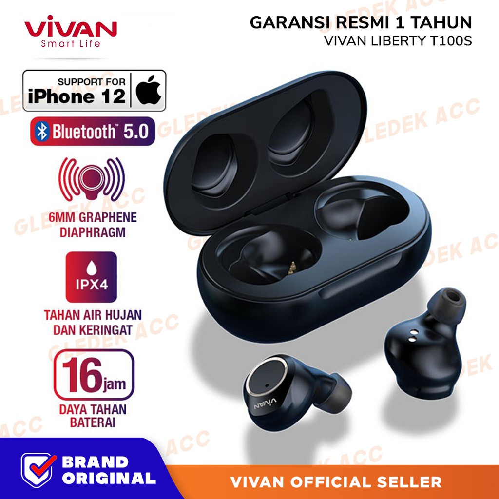 VIVAN Headset Bluetooth Wireless Liberty T100S Earphone TWS Earbuds