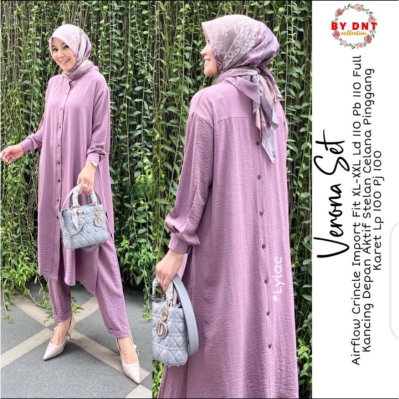 Oneset setelan celana Verona Set setelan celana long tunik polos busui full kancing depan belakang