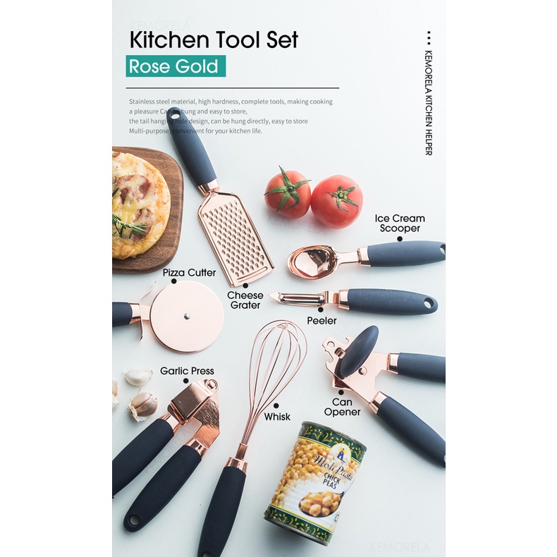 Mi.more Kitchen Gadget Set 7pcs/Rose Gold Bawang Putih Press Pisau Pizza Dapur Gadget Set Pembuka Kaleng Memasak Kentang High-end Dapur Aksesoris Dapur