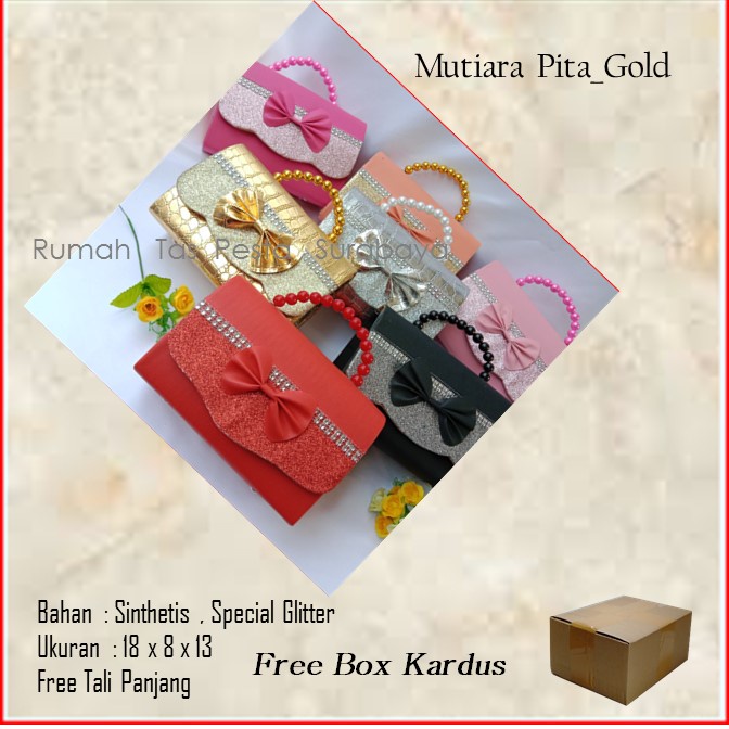 Tas Kekinian,Tas Satin,Tas Clutch,Mutiara Pita_Gold