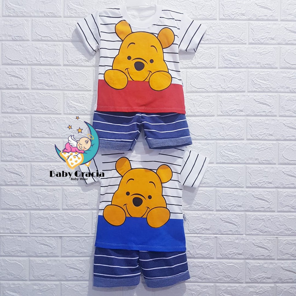 setelan pakaian anak laki laki motif line winnie lucu