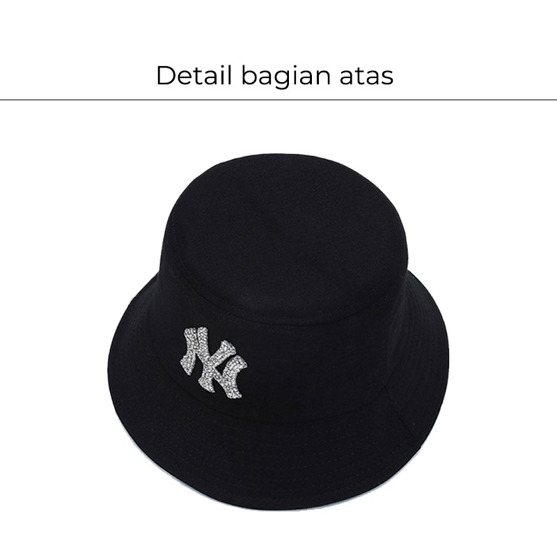 Bucket Hat Wanita Pria Korea Aksen Logo NY Kristal Bordir Fashion Hip Hop Trendy Kualitas terbaik BKAB