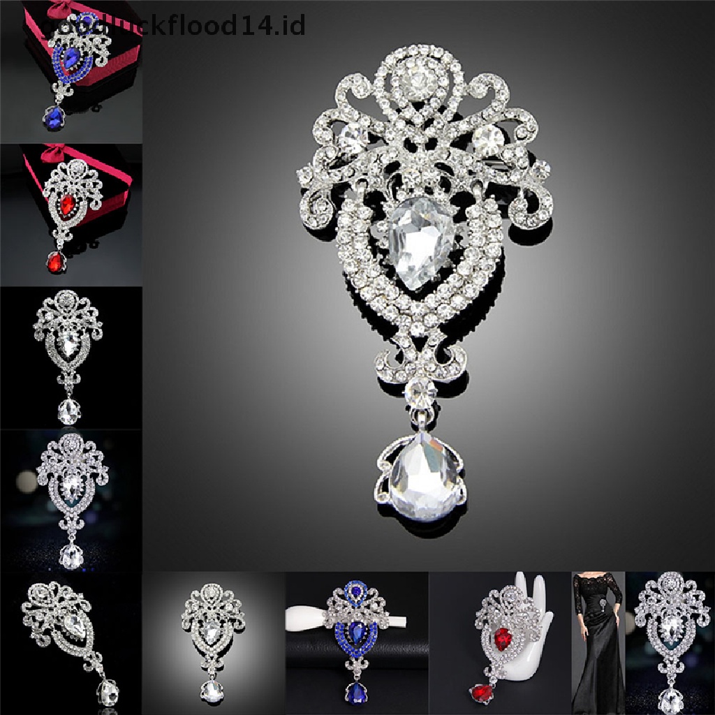 [OOID] Silver Large Flower Bridal Brooch Rhinestone Crystal Diamante Wedding Broach Pin ID