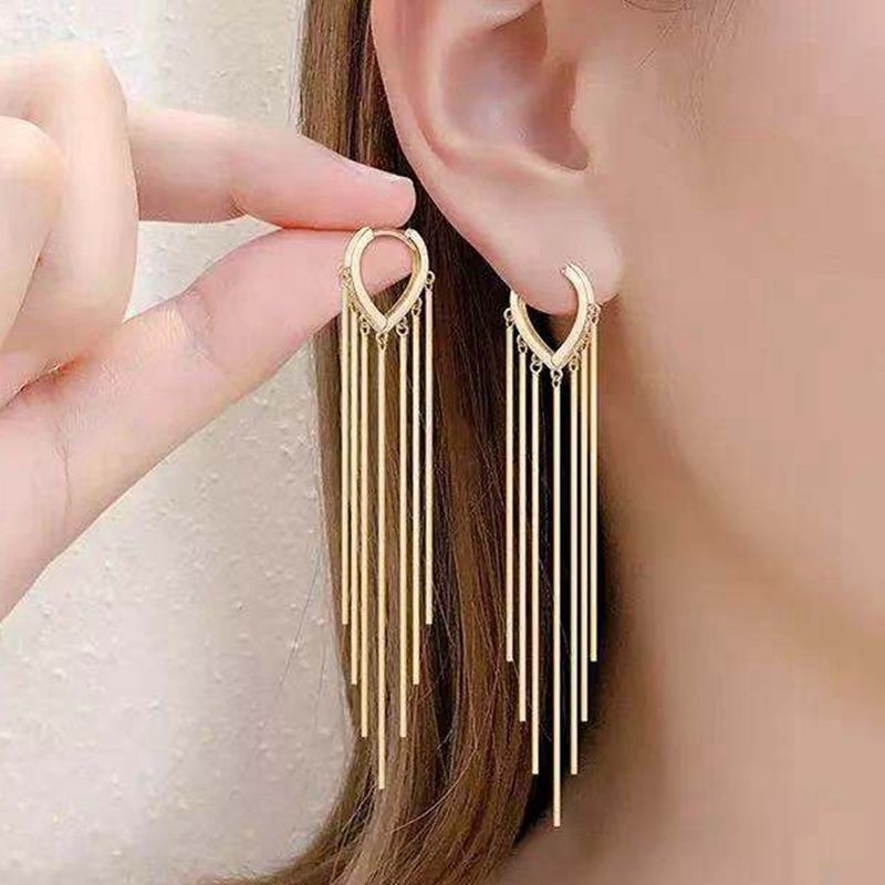 [1 Pair Korean Vintage Geometric Heart Tassel Pendant Earrings] [Women Bridal Wedding Drop Earrings] [Ladies Elegant Long Dangle Earrings]