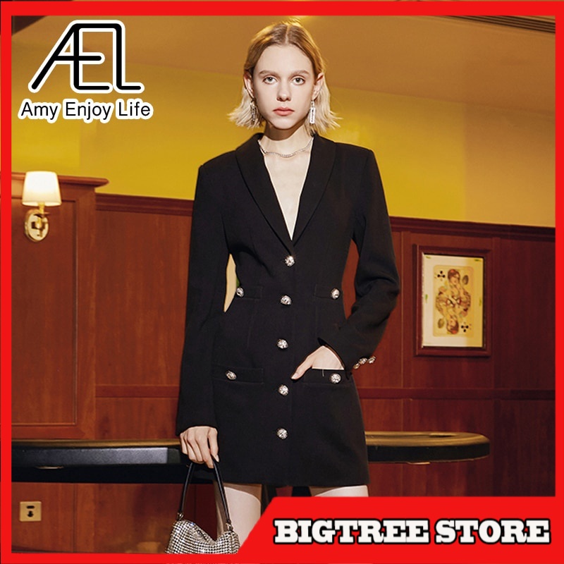 Blazer Wanita Korea Import Eksklusif AEL  Black Slim Long Blazer Vintage Elegant Suits