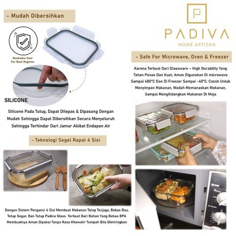 Padiva Glassbox Crystal 1 Compartment 1040 ml Glass Container 2 Pcs - Silver Grey