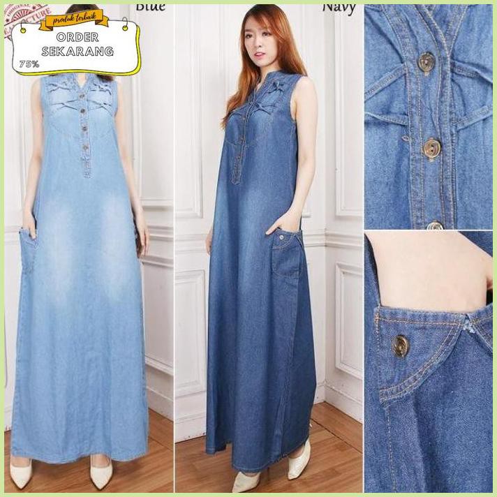 Sale Dress Maxi Vella Gamis Panjang Tanpa Lengan Jeans Longdress Wanita - Biru Termurah