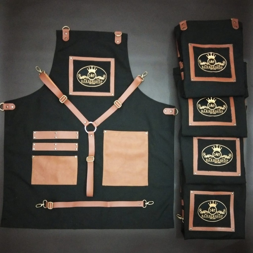 Full apron Barbershop Celemek Cukur rambut Apron Barista kanvas &amp; Synthetic leather  Y strep leather varian warna include bordir