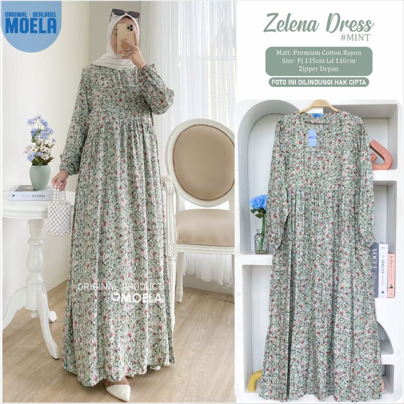 Zelena Yelan Bifia Jasmi Dress Gamis Original Ori Moela Berlabel Jumbo Allsize Busui Premium Catton Rayon-1