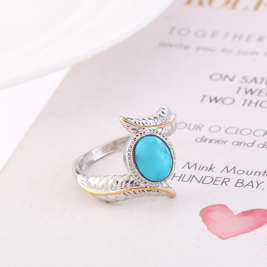 Hu Hu Hu Hu Hu Alat Bantu Pasang Kacamata♡ Cincin Vintage Bentuk Bulu Bahan Alloy Hias Batu Turquoise Untuk Pasanganpriawanita