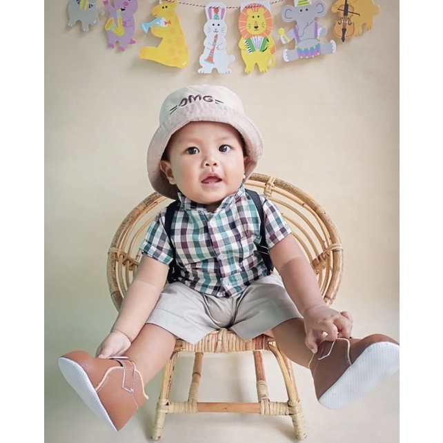 setelan kemeja anak celana chino lengan pendek ANCHOR CHECKER shirt suspender set 1-3 tahun anak laki laki baby balita cowok baju pergi adem