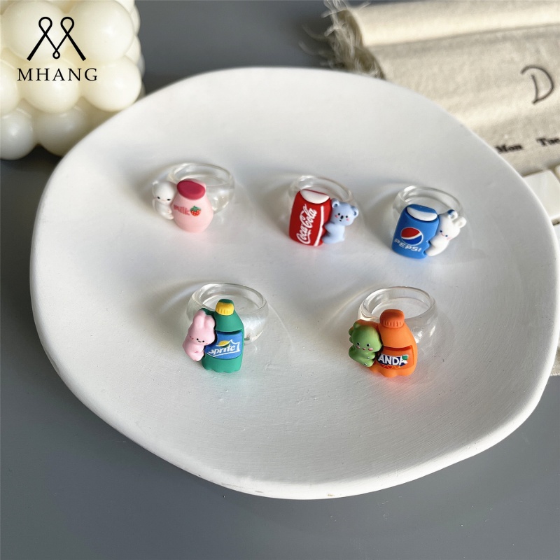 Mhang Cincin Resin Motif Kartun Kelinci / Beruang / Botol Susu / Coca Cola Untuk Perhiasan Wanita