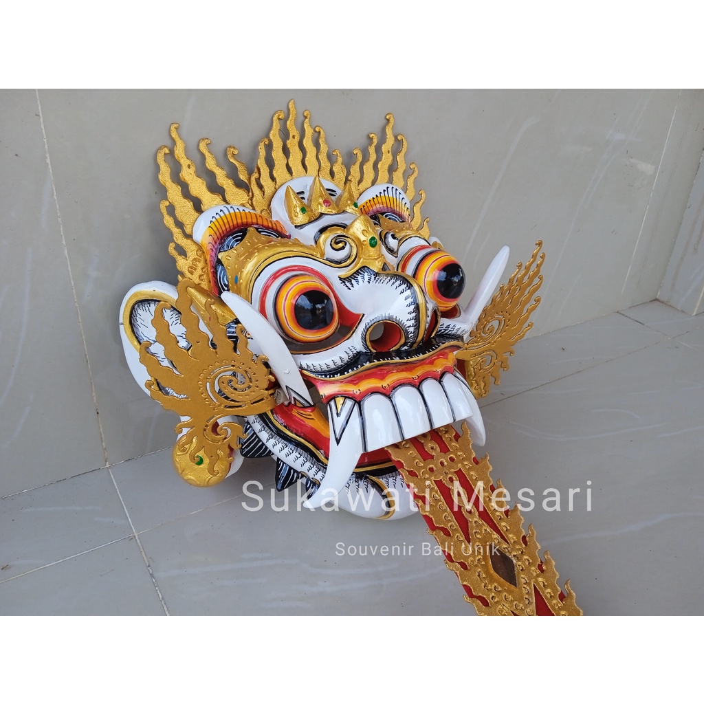 Topeng Tapel Rangda Putih Prada Lengkap Dengan Aksesoris Lidah Handmade Bali