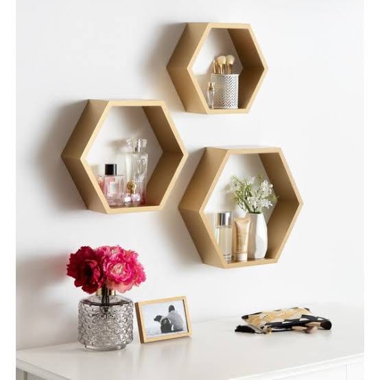 3 pcs Rak kayu hexagonal segi 6 nempel dinding