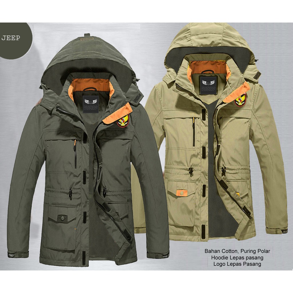 Jaket Parka Jeep Hijau Army Logo Garuda Bahan Baby Kanvas Hoodienya Dapat Dilepas Pasang Promo