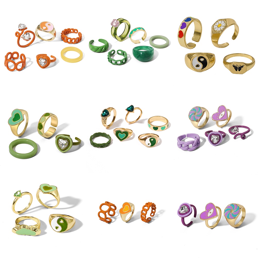 Colorful Gold Rings Set Heart Tai Chi Adjustable Crystal Resin Ring for Women Jewelry Fashion Accessories