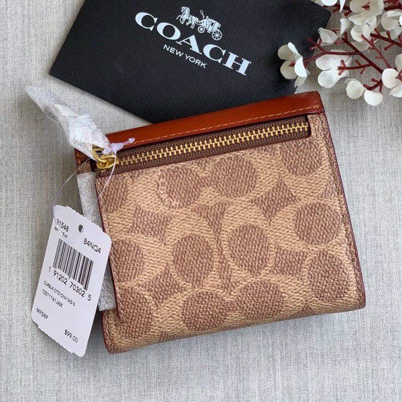 Coach Small Wallet In Signature Canvas With Floral Bow Dark Brown