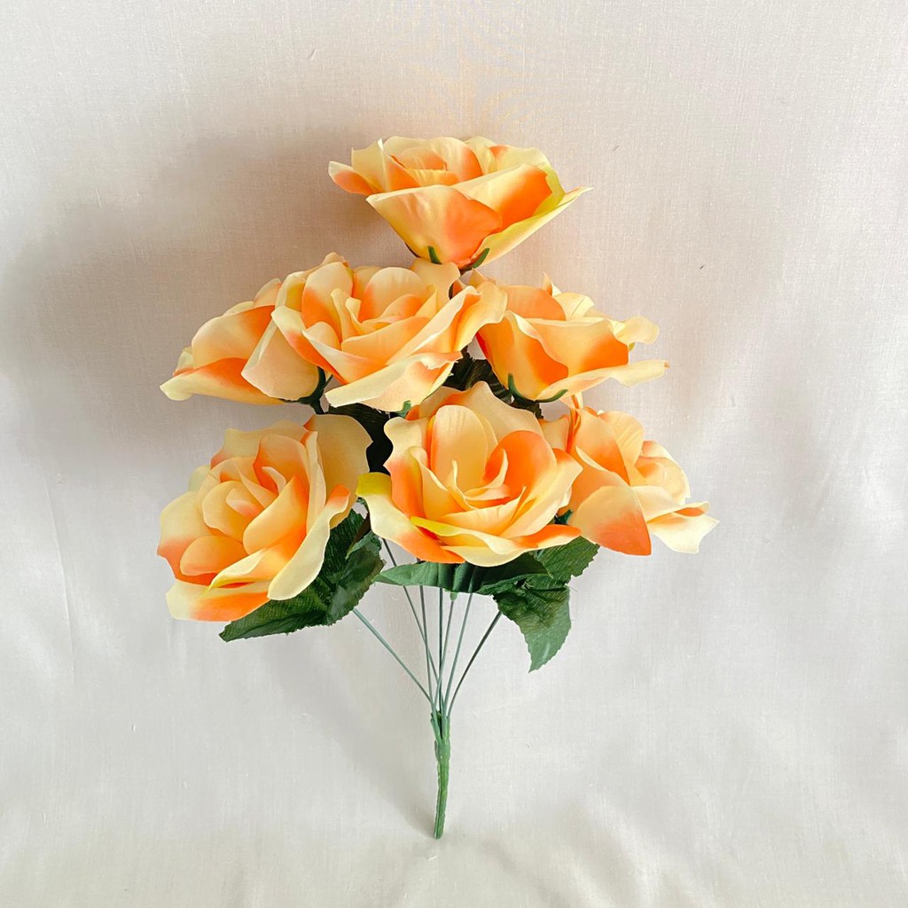 Bunga Mawar Rose Dekor X7 (satuan) Bunga Artificial / Bunga Plastik / Bunga Dekorasi / Pernikahan-Orange mix