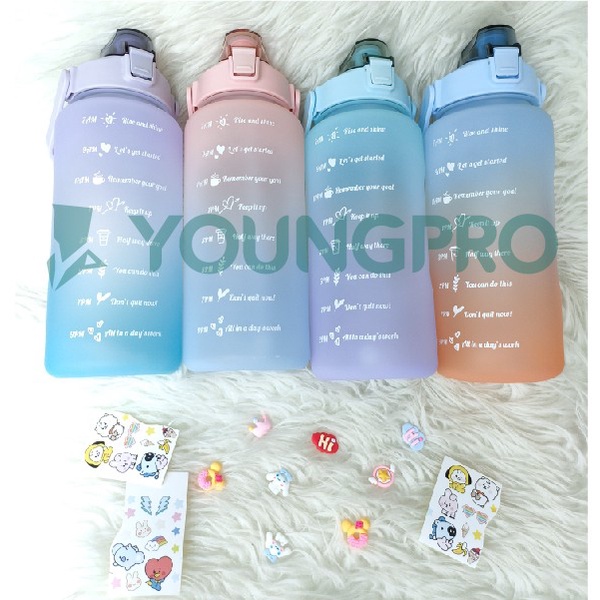 YOUNGPRO Botol Tempat Minum Motivasi Viral 2 Liter Botol Air Minum Plastik 2L Unik Murah Botol Minum Anak Cowok Cewek Dewasa BPA Free Sticker 3D 2D