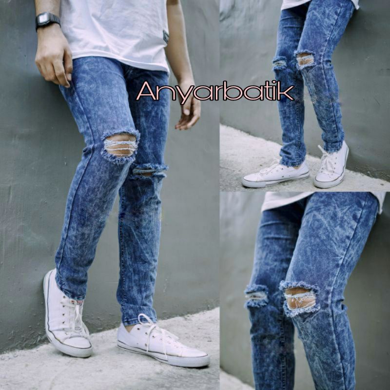 Celana Jeans Sobek Lutut Pria Ripped Jeans Snow 27-33 Skinny Strecht