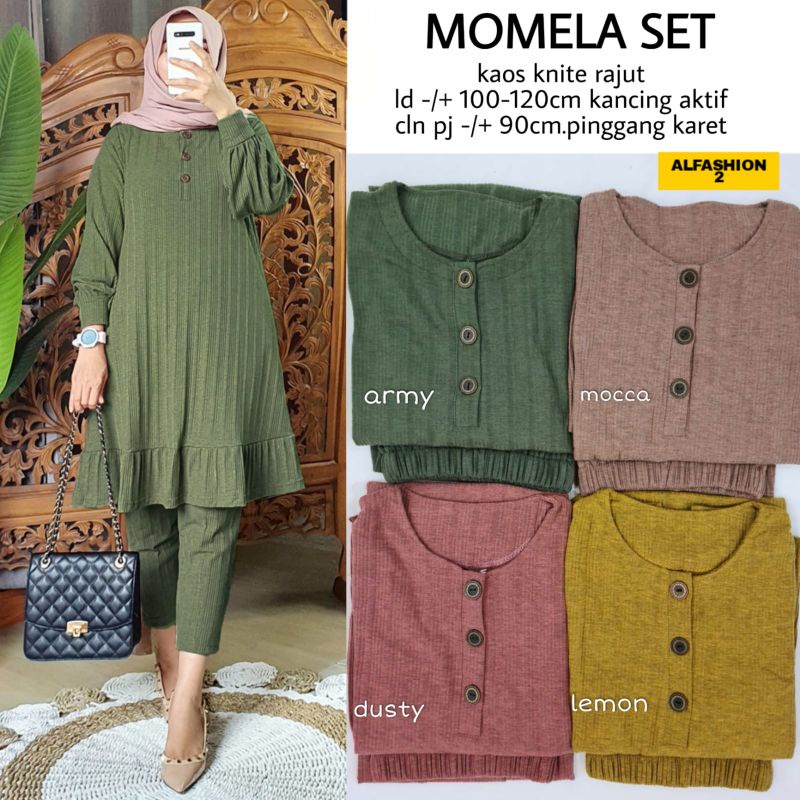 Momela set kaos knite rajut kancing aktif pinggang karet al fashion 2