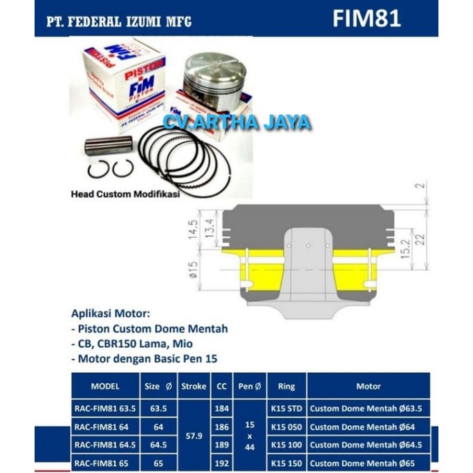 PISTON KIT FIM FIM81 CUSTOM DOME MENTAH ( 63,5 / 64 / 64,5 / 65 ) ( PEN 15 / PIN 15 )-4