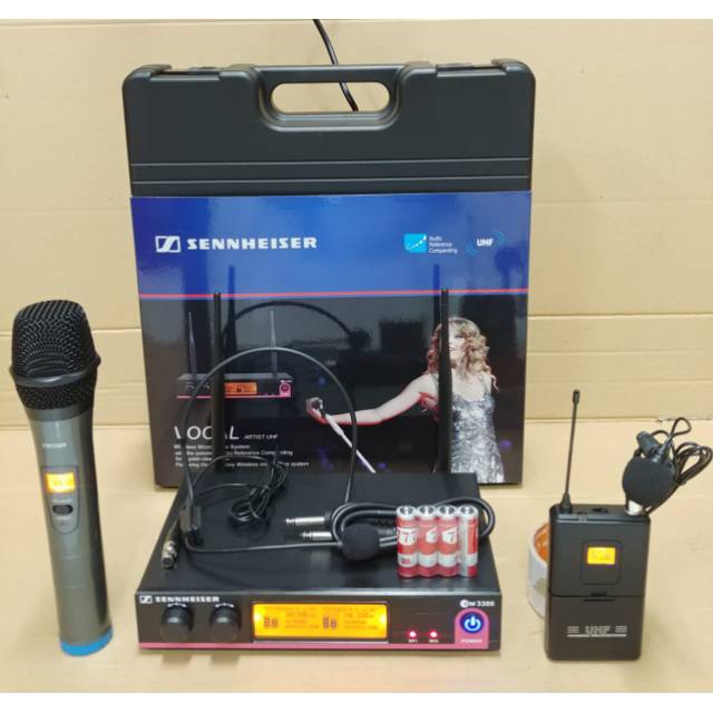 Mic Wireless Sennheiser EW-3300 1Pegang + 1Clip on & Headset + Koper/box plastik