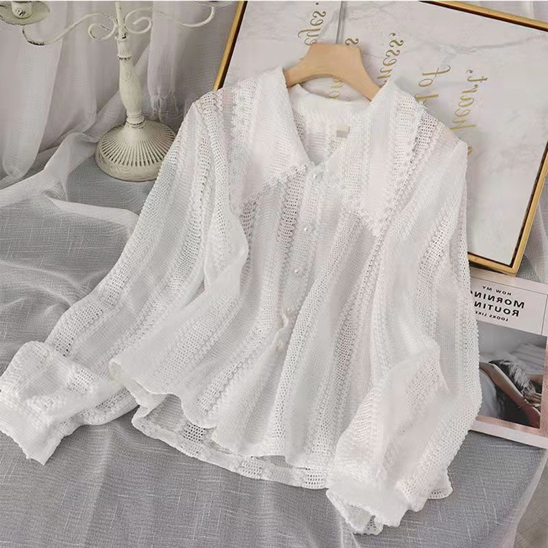 Blus Korea Wanita Potongan Longgar Lengan Panjang Puff Bahan Shifon Model Renda blouse wanita korea atasan wanita-blus mutiara putih