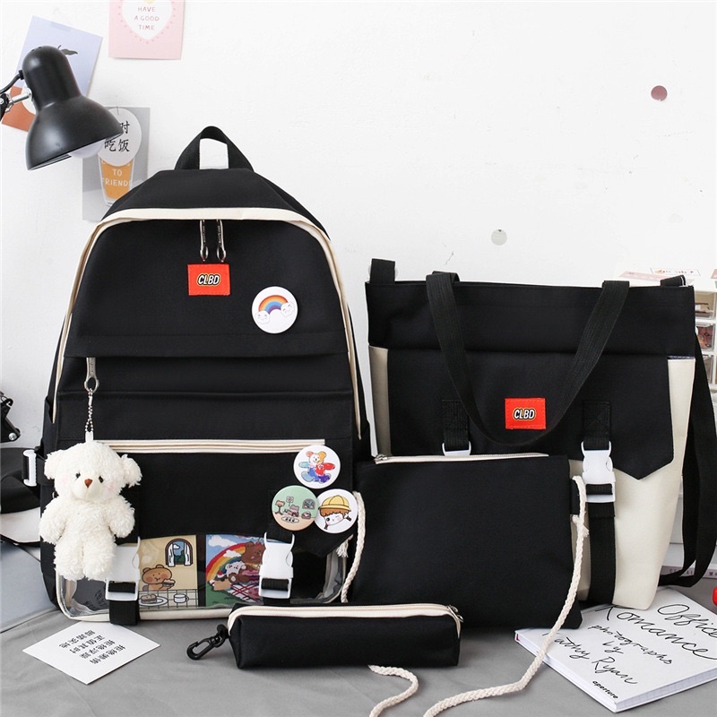 Tas ransel anak sekolah wanita ORI import B set 4 in 1 Fashion Backpack SD SMP SMA Korea tanpa boneka