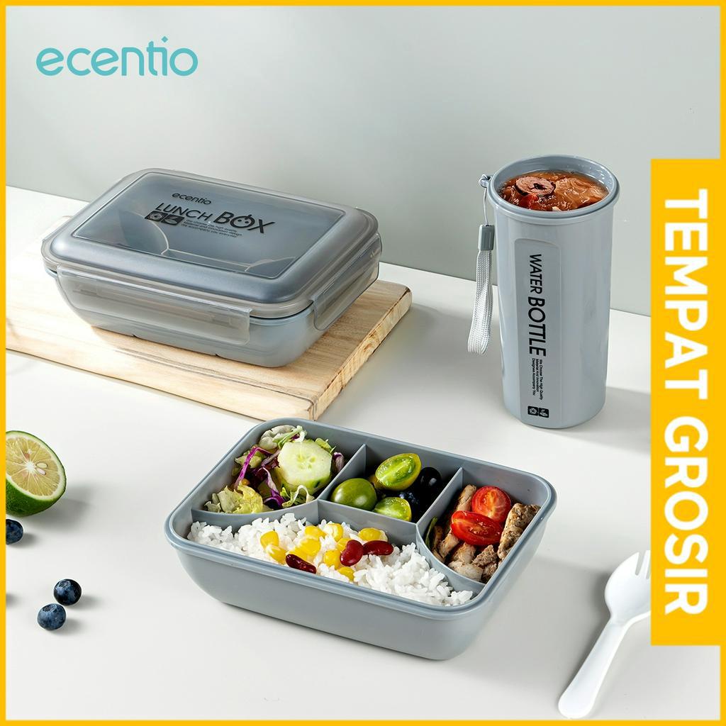 ecentio lunch box set botol minum set anti tumpah 4 sekat tempat makan Free Sendok Tempat Makan