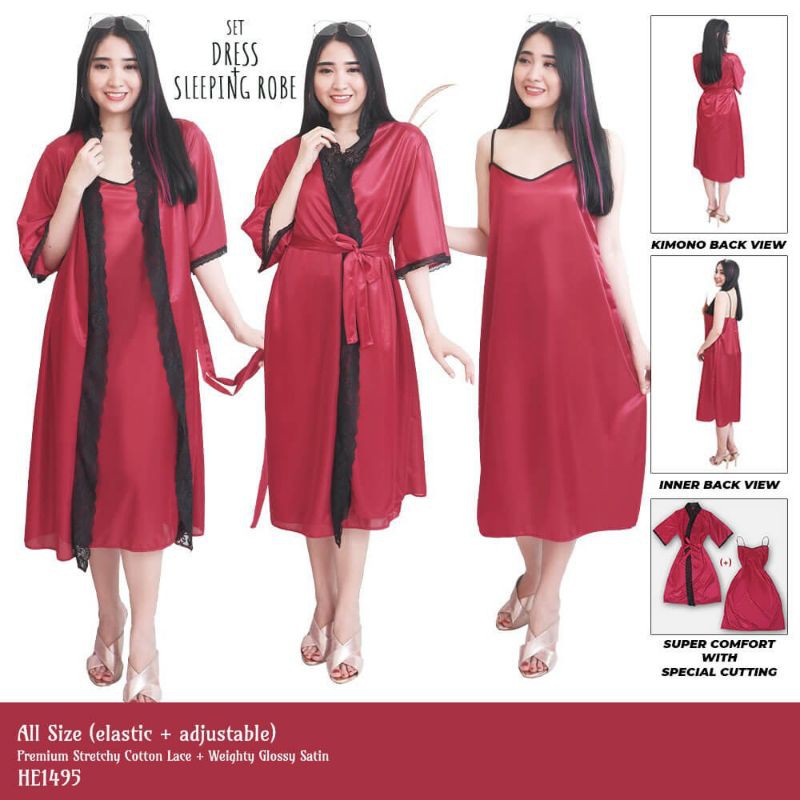 Kimono wanita sexy inner tanktop panjang baju tidur satin marron 1495MSET