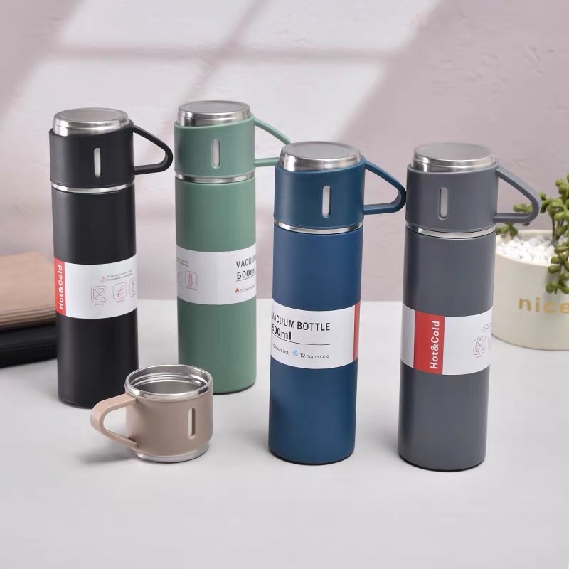 TERMOS VACUUM FLASK SET 3IN1 500ML - THERMOS CANGKIR SET PREMIUM - BOTOL VACUM FLASK SOUNVENIR SET TAHAN PANAS STAINLESS STEEL