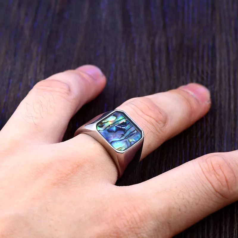 Cincin Batu Kerang Mutiara Abalone Shell Rainbow Ring Titanium Stainless Steel