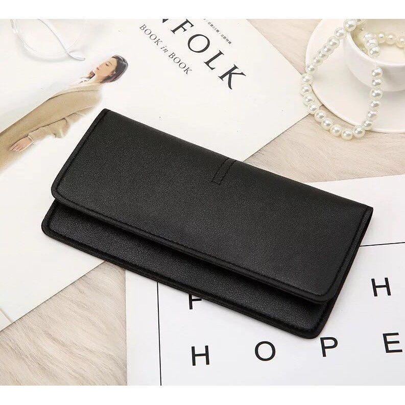 DODORY FYDP013 Dompet Wanita Panjang Lipat Dompet Polos PU Fashion Cewek-Hitam