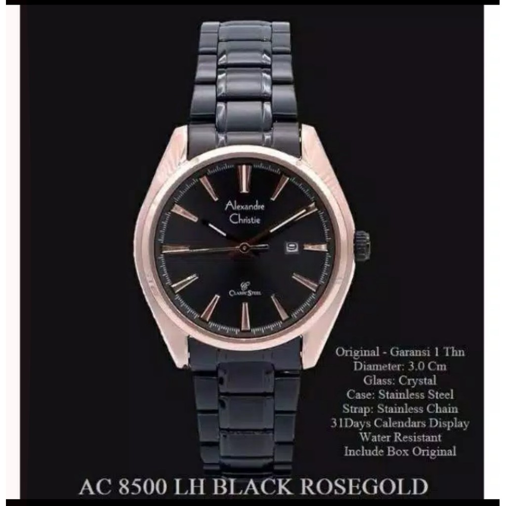 Alexandre Christie AC 8500 Rose Gold Black Jam Tangan Wanita Original