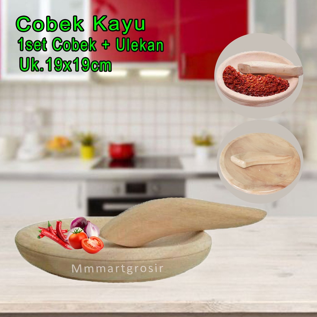 Cobek Kayu Tanggung / 1set Cobek + Ulekan / Cobek Bulat Polos / Uk.19x19cm