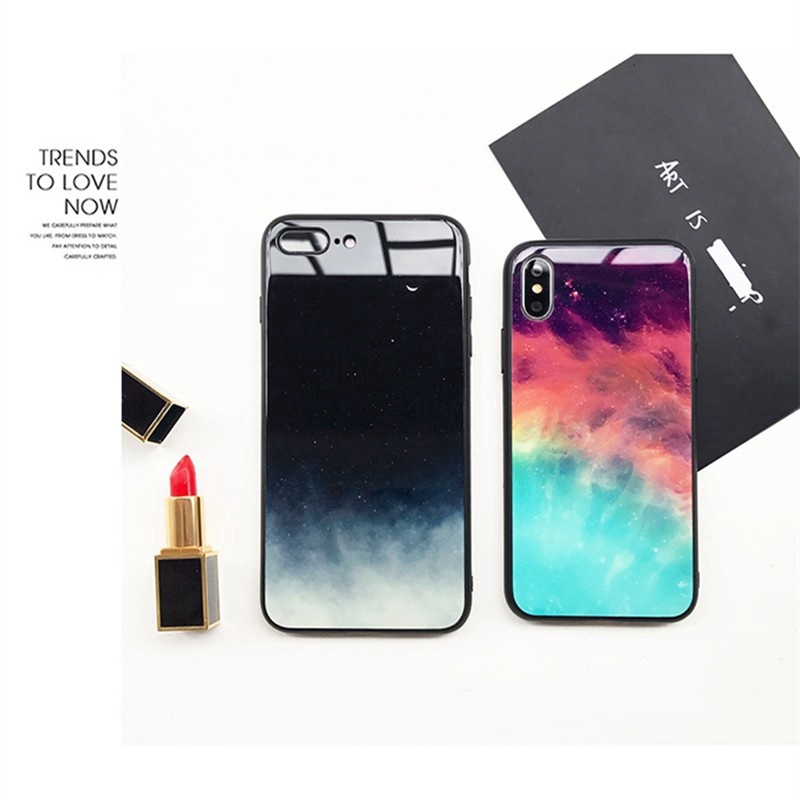 Warna Aurora langit berbintang kaca tempered Hard Case iPhone 11 Pro Max XR XS SE2 6 7 8Plus Case